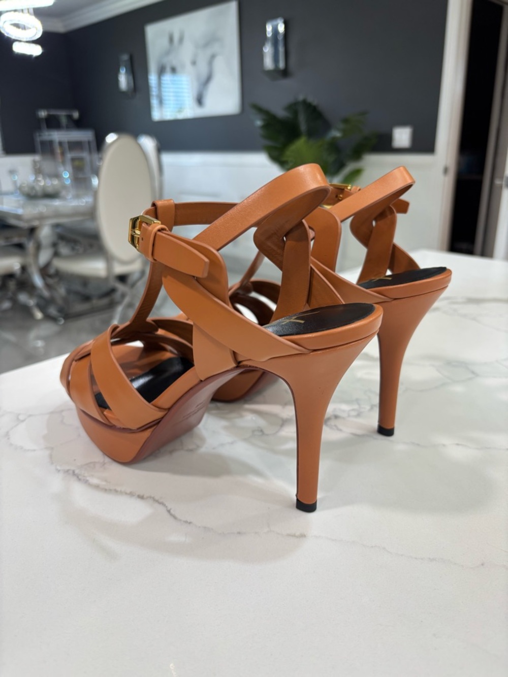 YSL Yves Saint Laurent Brown Leather Tribute Platform Sandals Stiletto Heel - Picture 6 of 10